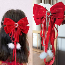 小熙瓜新年儿童节日红色亮带双毛球蝴蝶结发夹女童中国红古风发饰