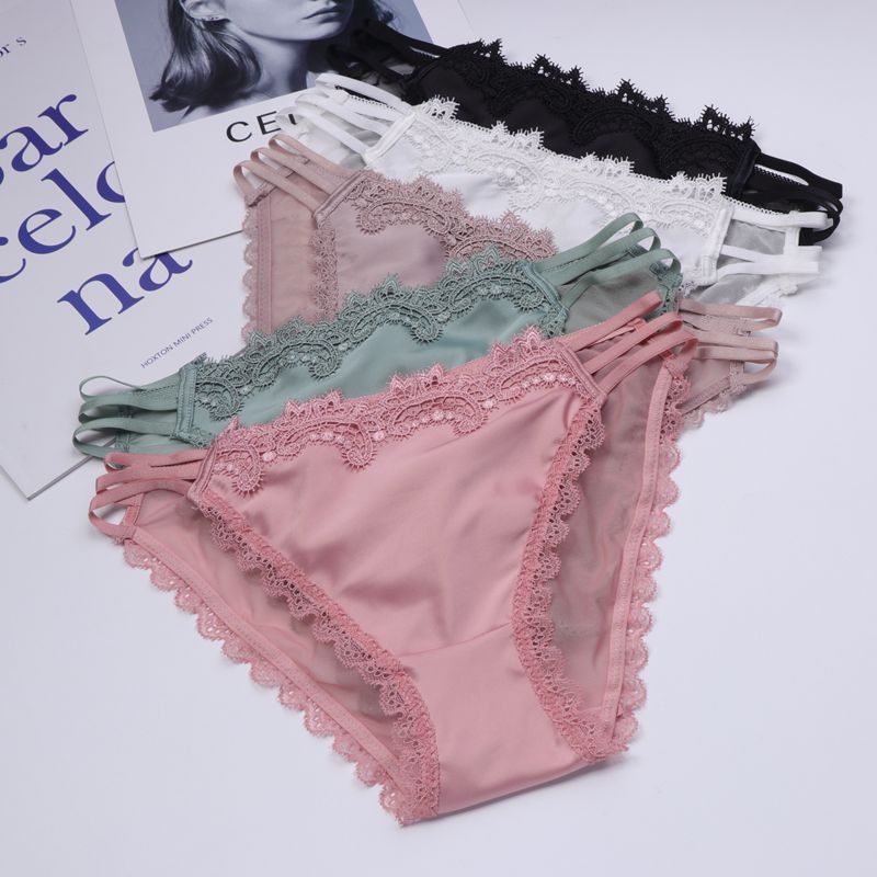 604欧美绸缎蕾丝内裤女性感镂空青春绑带时尚少女包臀三角裤潮范