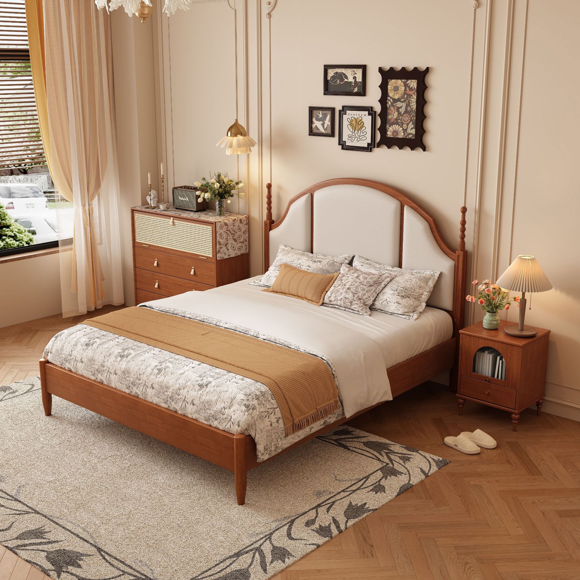 北欧实木软包床法式现代简约1.8米双人床复古实木1.5美式主卧婚床