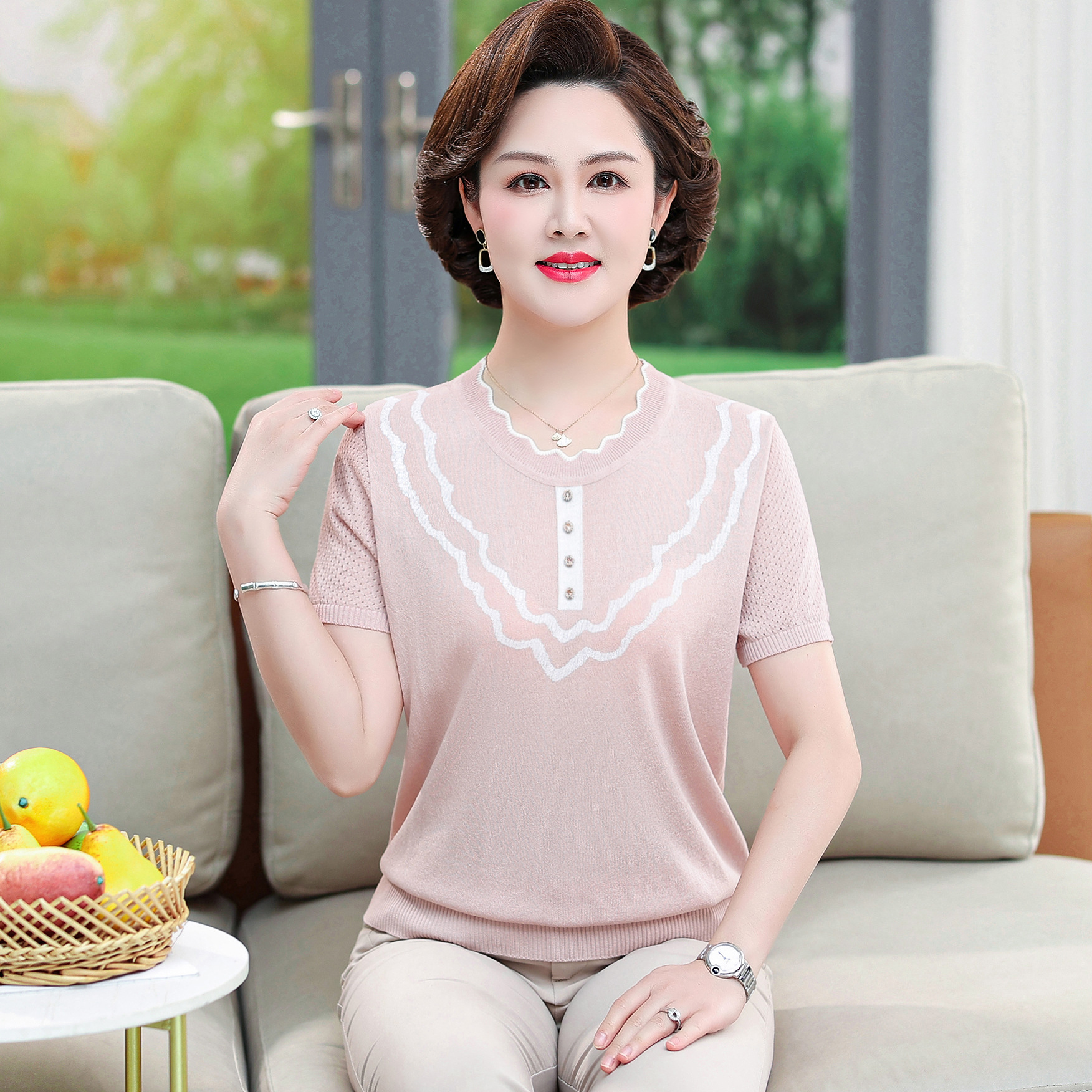 中老年女装夏季针织衫短袖t恤时尚花边圆领妈妈装上衣大码宽松衫