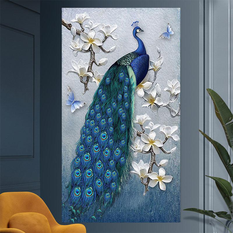 欧式3d立体壁纸自粘金孔雀装饰画无框画玄关过道走廊风水招财壁画