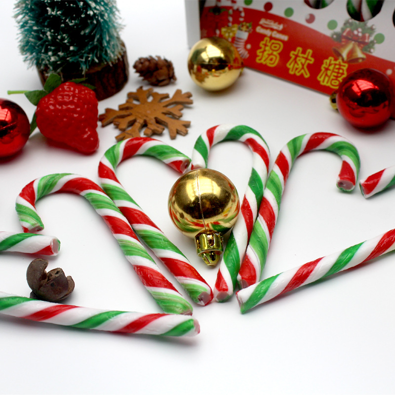 圣诞节日红绿白条拐杖糖果圣诞树装饰拐棍糖12支盒装手杖144g批发