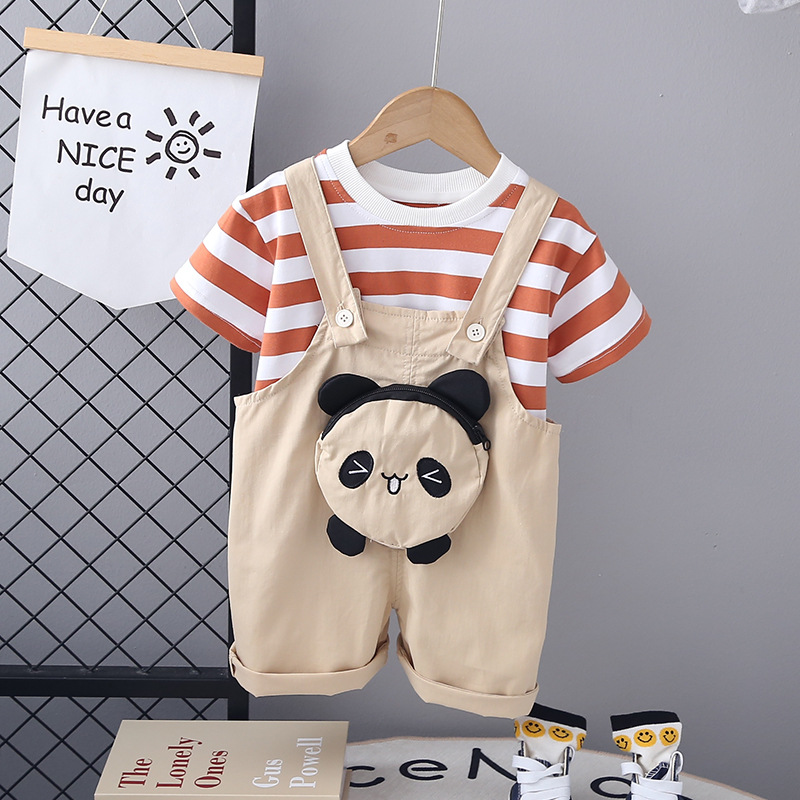 2024 Boys' Summer New Suspender Suit Children's Korean Style Kid Baby Cartoon Short Sleeve Two-Piece Suit Summer Fashion