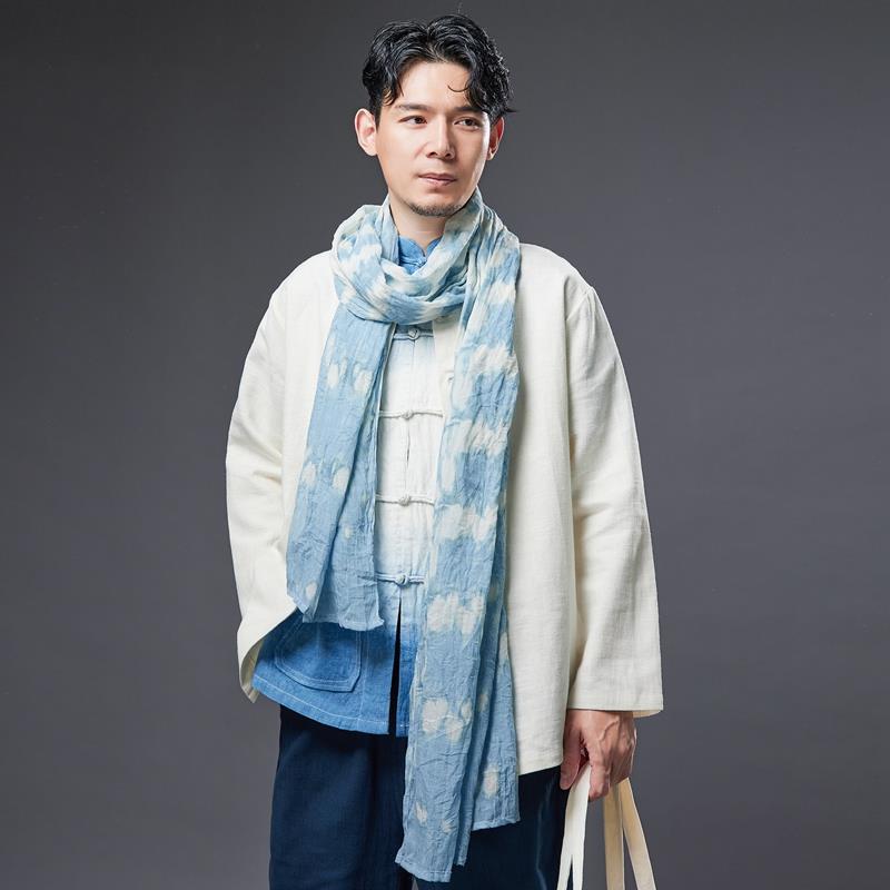 中式亚麻圆领衬衫男春秋复古开衫外套男中老年宽松长袖白色上衣男