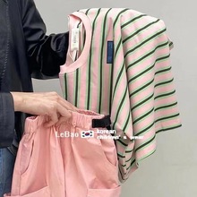 2024新款韩国男童夏装套装宝宝酷帅粉色裤子宝宝洋气条纹短袖上衣