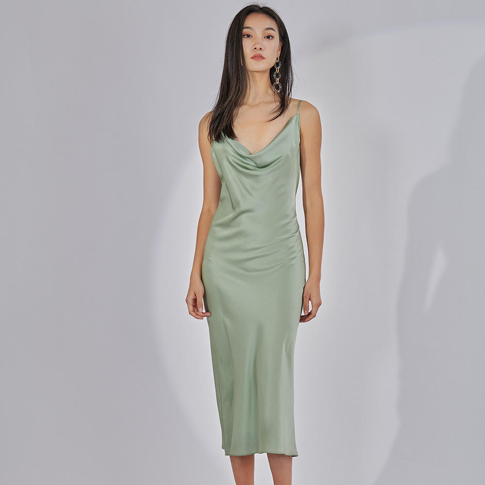 定制真丝吊带裙女夏外穿荡领名媛轻奢桑蚕丝连衣长裙打底修身长款