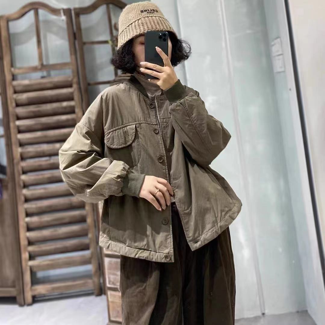 夹棉外套2023文艺复古简约立领薄款纯色保暖百搭宽松休闲外套女