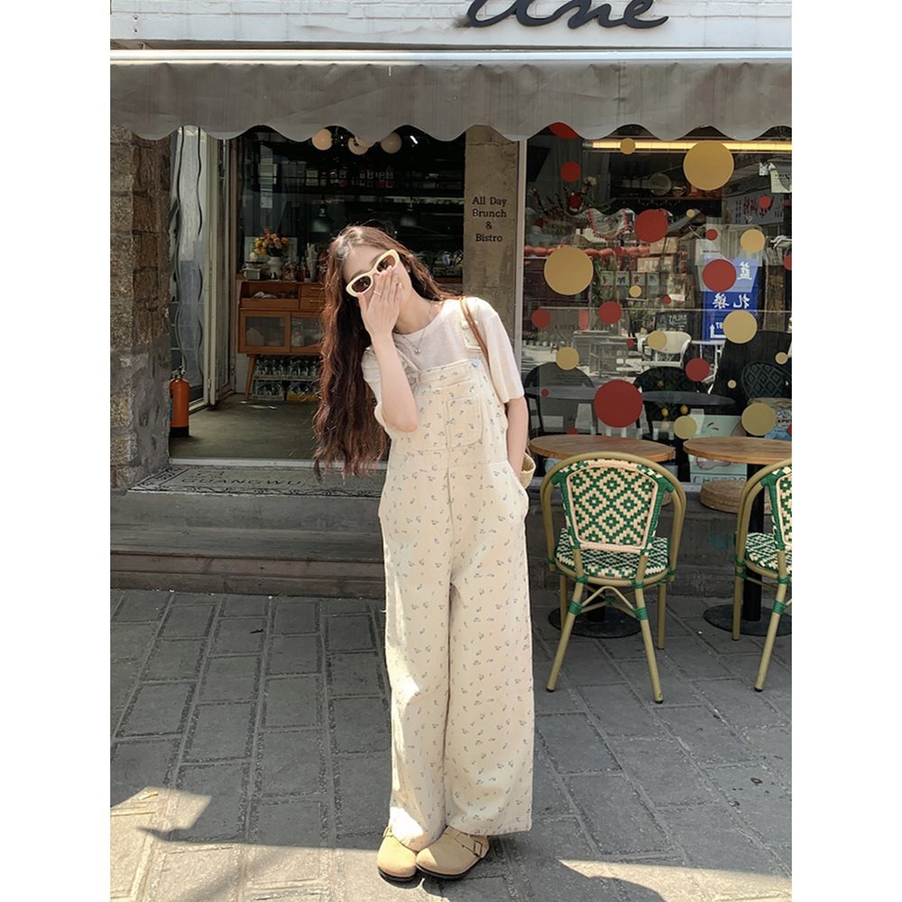 可可里小姐碎花牛仔背带裤女装夏季减龄宽松阔腿裤高腰直筒长裤子