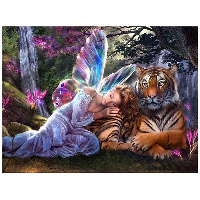 5d钻石画动物老虎diy满钻圆钻美女与野兽钻石绣家居装饰画30*40