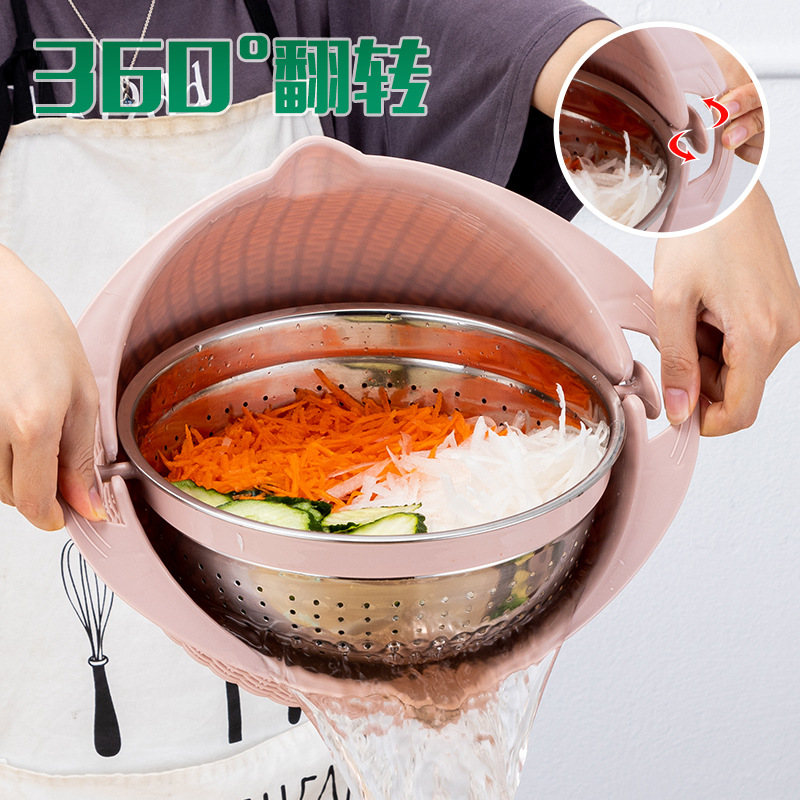 Multifunctional Stainless Steel Drain Basket Double Layer Fruit Basket Washing Vegetable Basket Kitchen Rotating Grater Suit