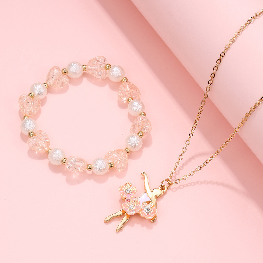 跨境热卖 粉色可爱水晶手工串珠手链项链套装芭蕾舞女孩创意设计