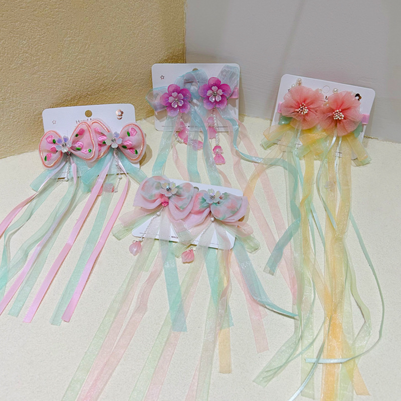 新款儿童汉服头饰可爱蝴蝶结流苏发夹超仙古风飘带丝带公主头发夹