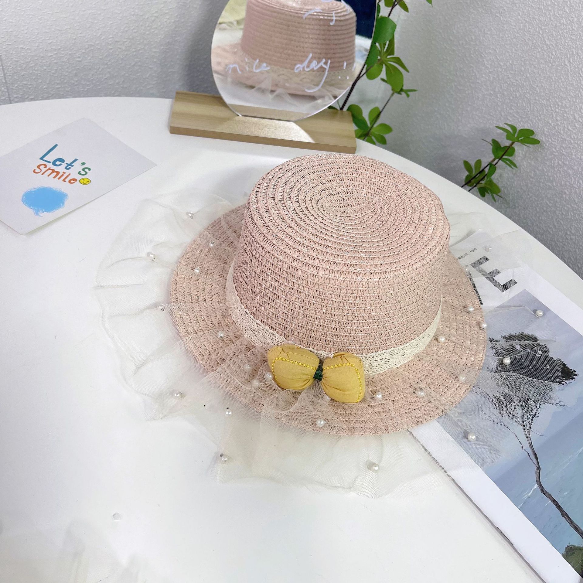 Children's Fairy Straw Hat Mesh Korean Style Spring and Summer Travel Wide Brim Sun Hat Bow Beaded Lace Fisherman Hat