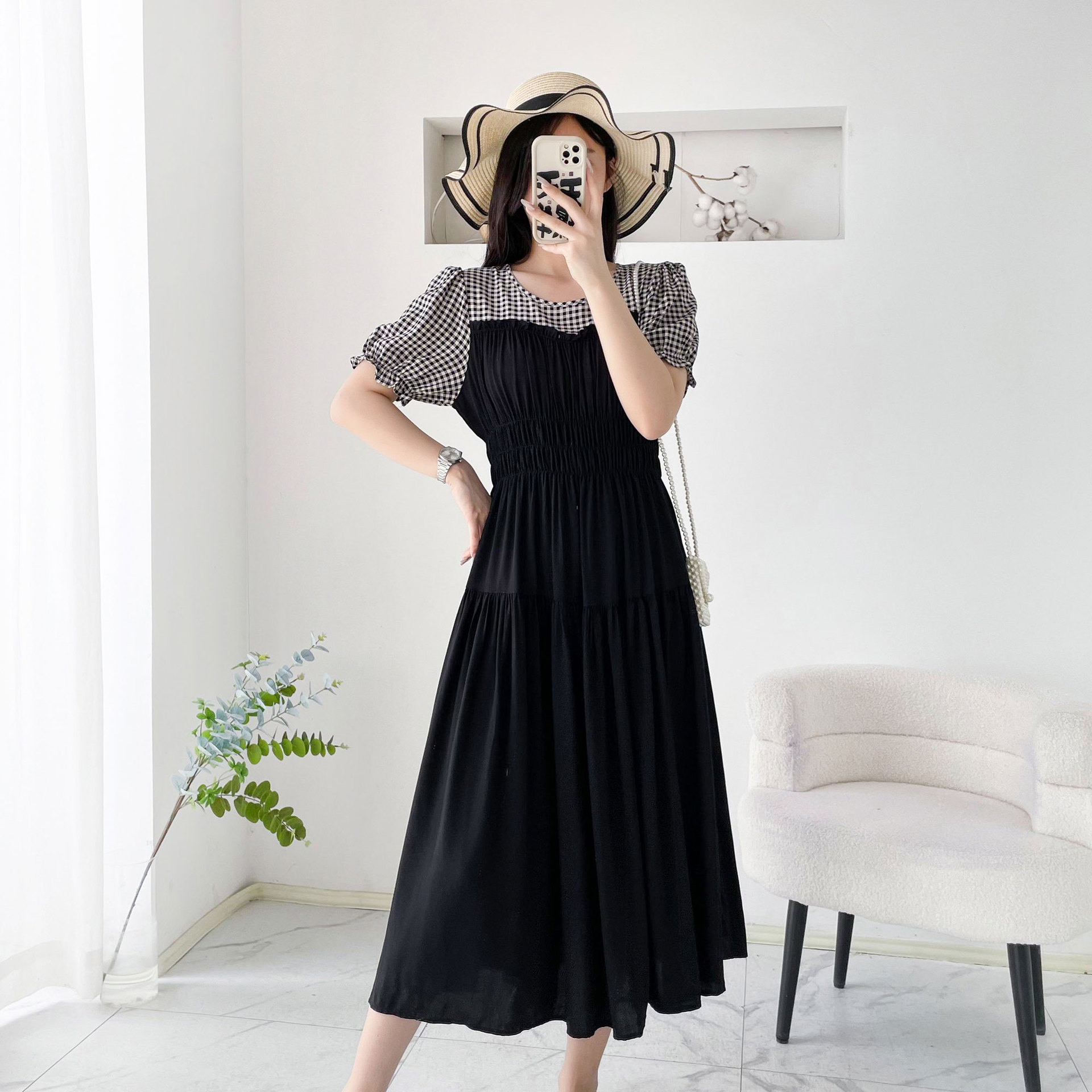 棉绸连衣裙女2024夏季新款气质收腰显瘦拼接感人造棉大摆长裙