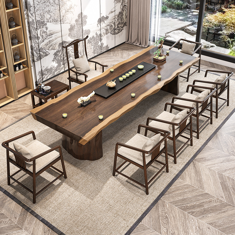 新中式全实木大板茶桌 古典公司大型洽谈泡茶桌椅茶室功夫茶台