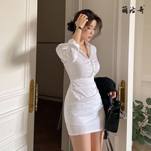 2023韩国女装新款短裙气质极简白色纽扣衬衫裙修身长袖打底连衣裙