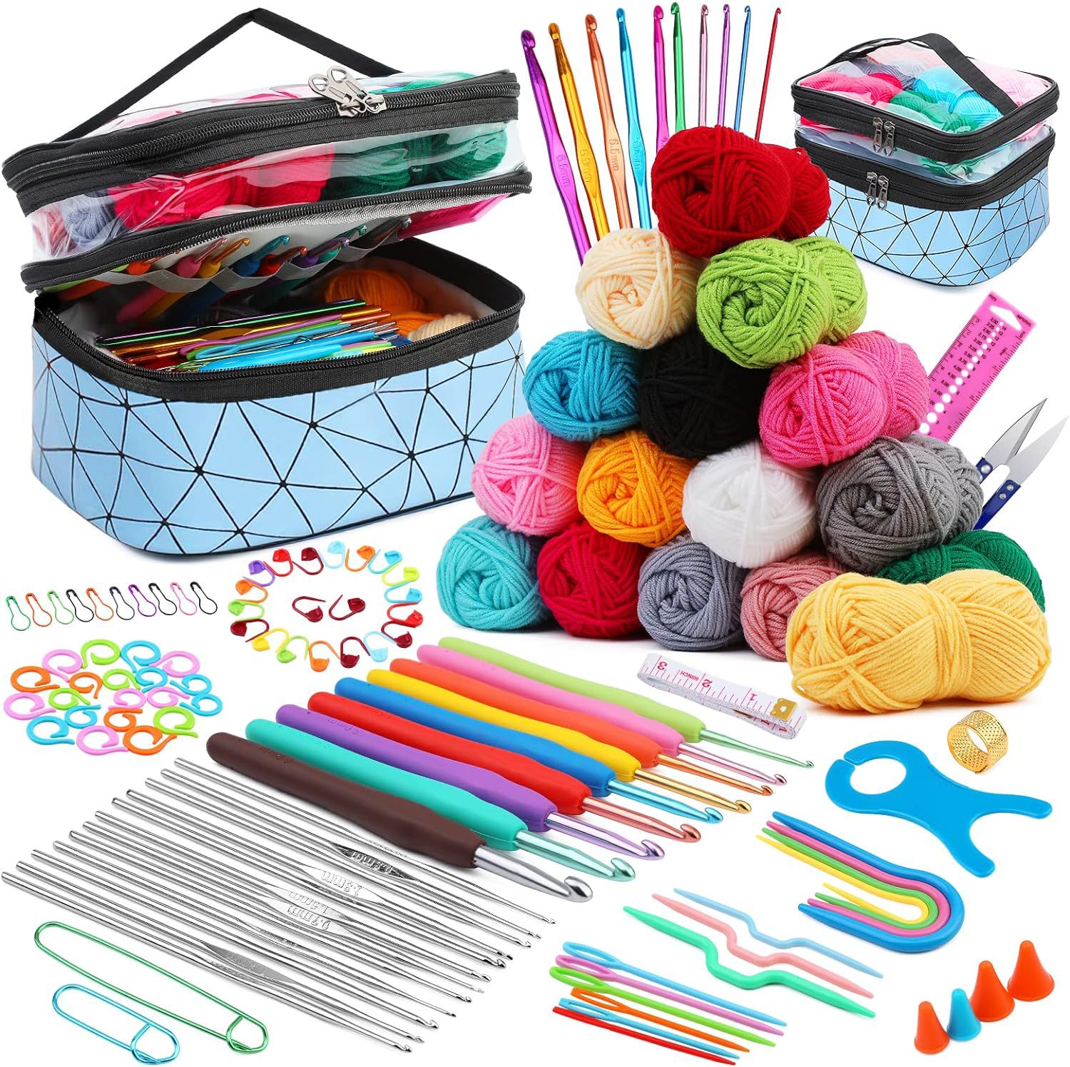 跨境122件套钩针套装带纱线全套钩针适合初学者的钩针编织工具