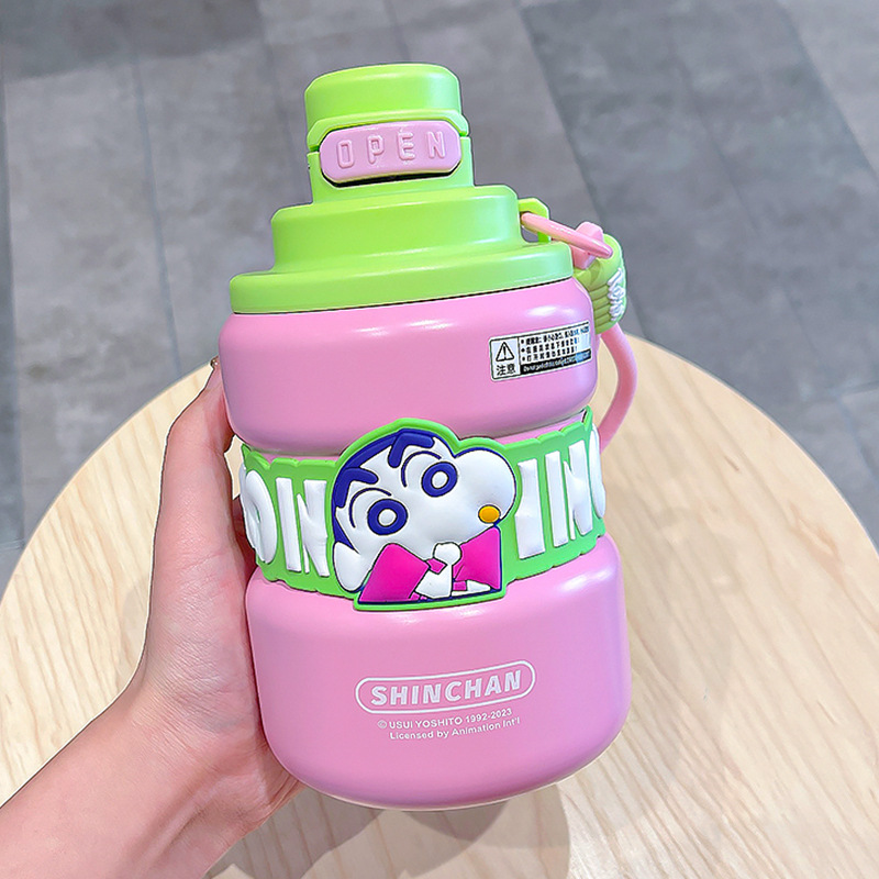 高颜值蜡笔小新卡通保温杯创意提绳弹盖伸缩吸管水杯儿童便捷杯子