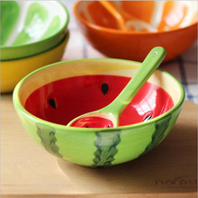 手绘西瓜碗陶瓷创意水果碗可爱家用组合餐具草莓橙子碗陶瓷碗碗勺