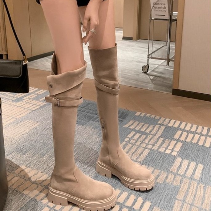 复古两穿翻折厚底西部靴秋冬新款美拉德长筒靴粗跟过