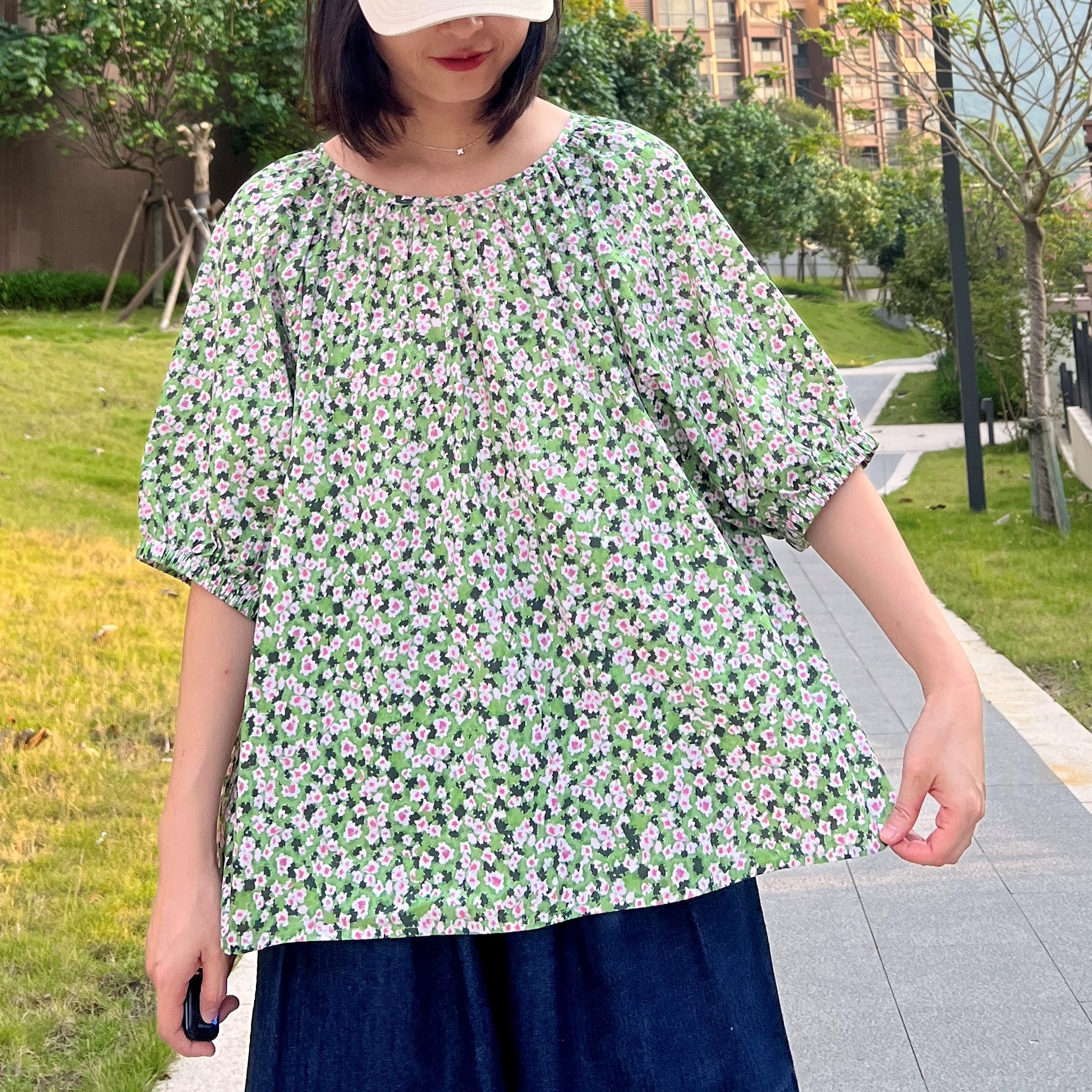 日单森系sm2 清新法式小碎花 宽松圆领插肩娃娃款纯棉短袖上衣3色