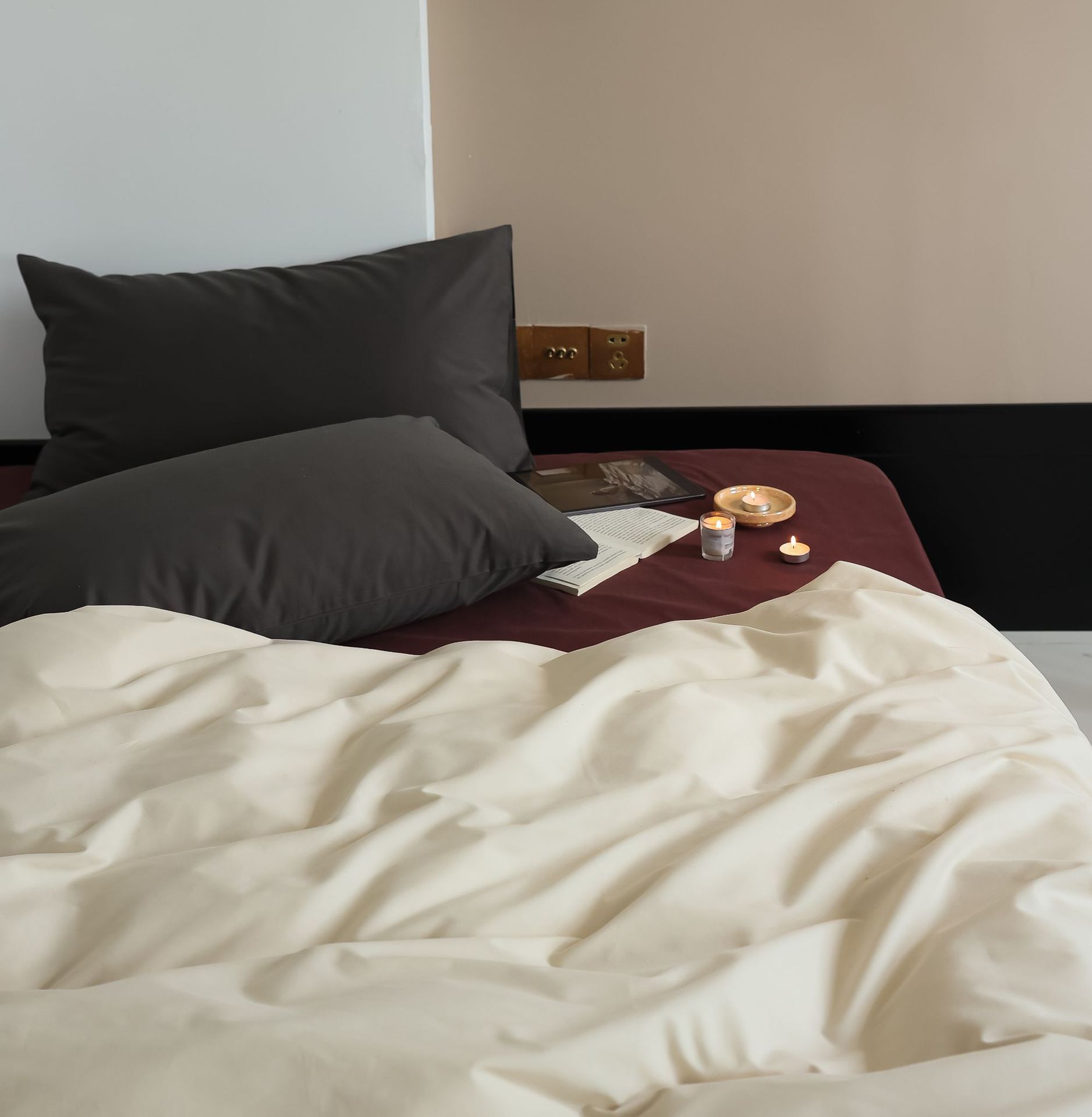 北欧轻奢素色撞色100支全棉火山磨毛四件套婴儿棉拼色床单被套