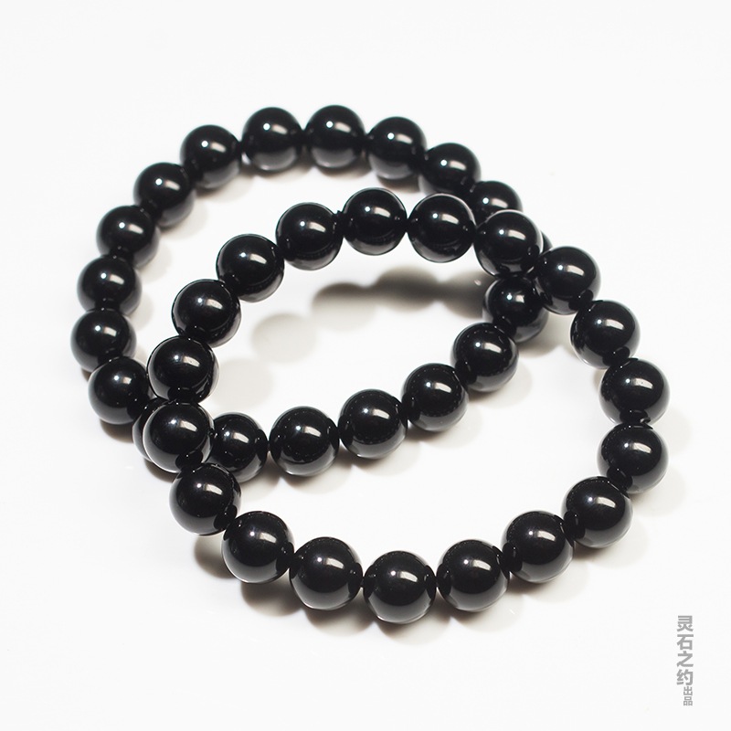天然玻璃黑陨石雷公墨圆珠魔方单圈手链手串饰品男女情侣