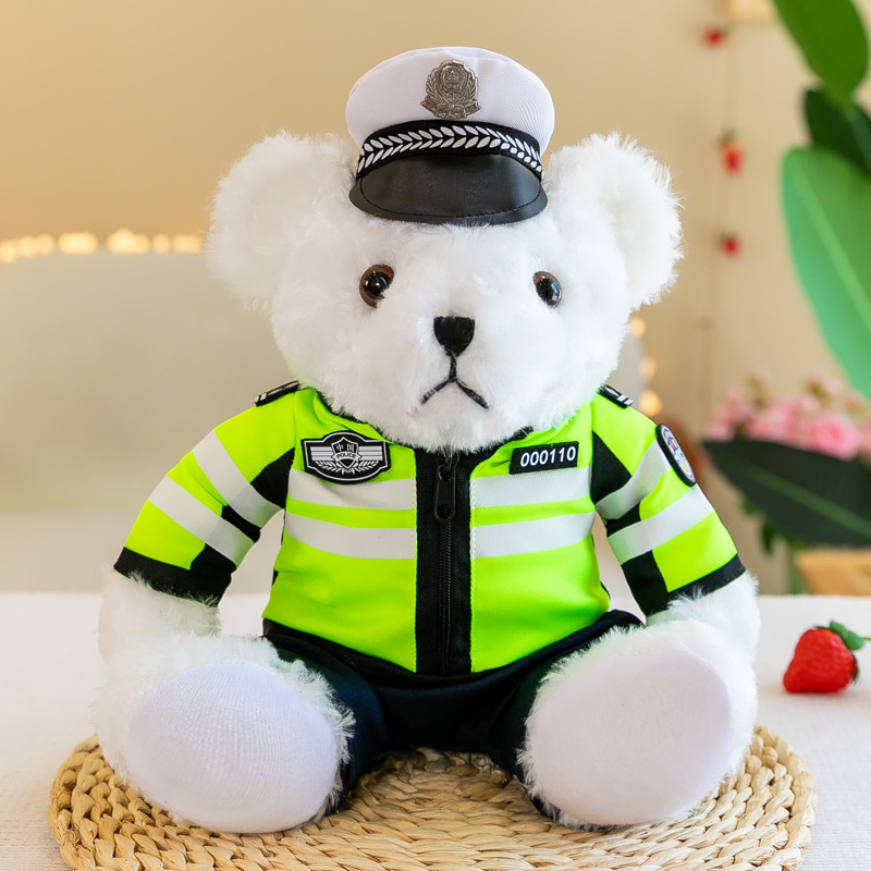 网红交警小熊玩偶铁骑警察消防公仔毛绒玩具公安娃娃公仔宣传批发