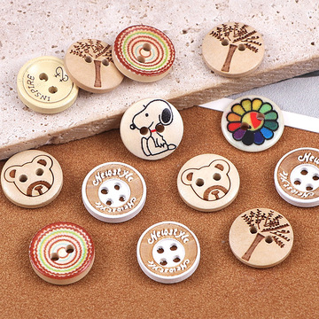 复古卡通儿童印花两眼木头纽扣diy手工木质扣子开衫外套装饰木扣
