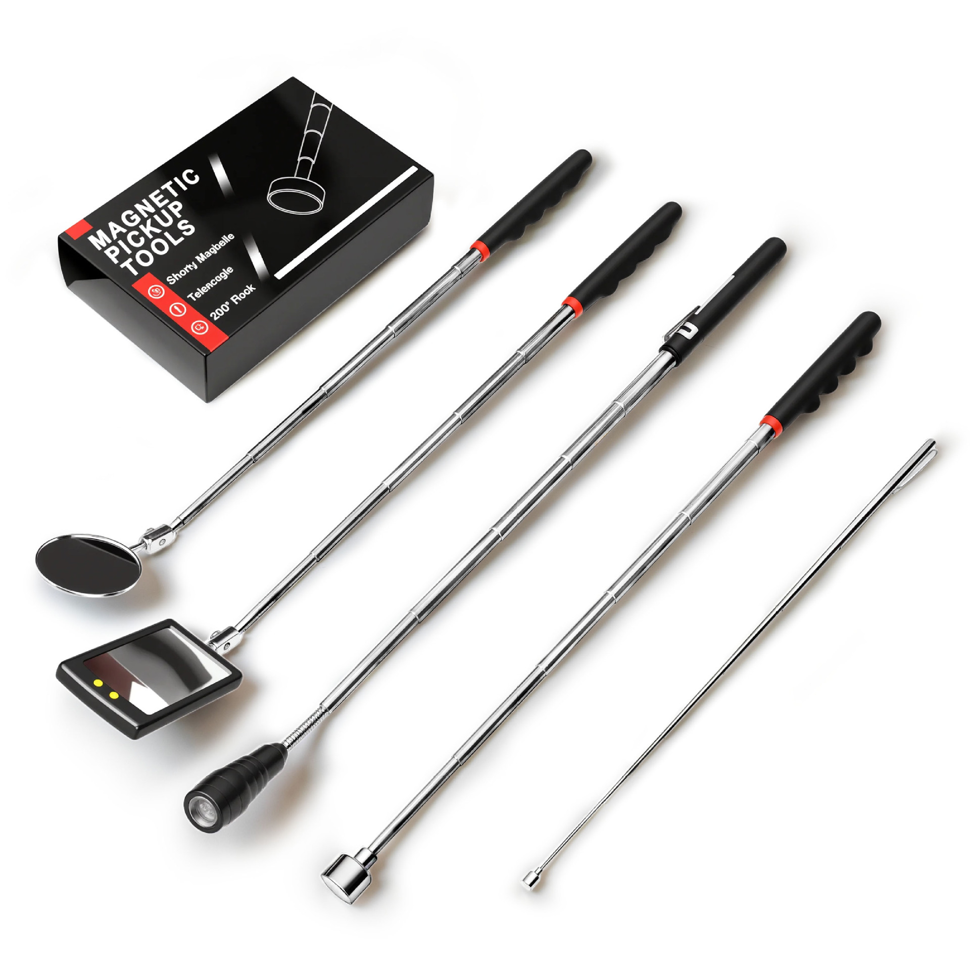 芸贝磁性捡拾器磁力吸铁棒伸缩延长杆汽修工具方镜圆镜电筒头