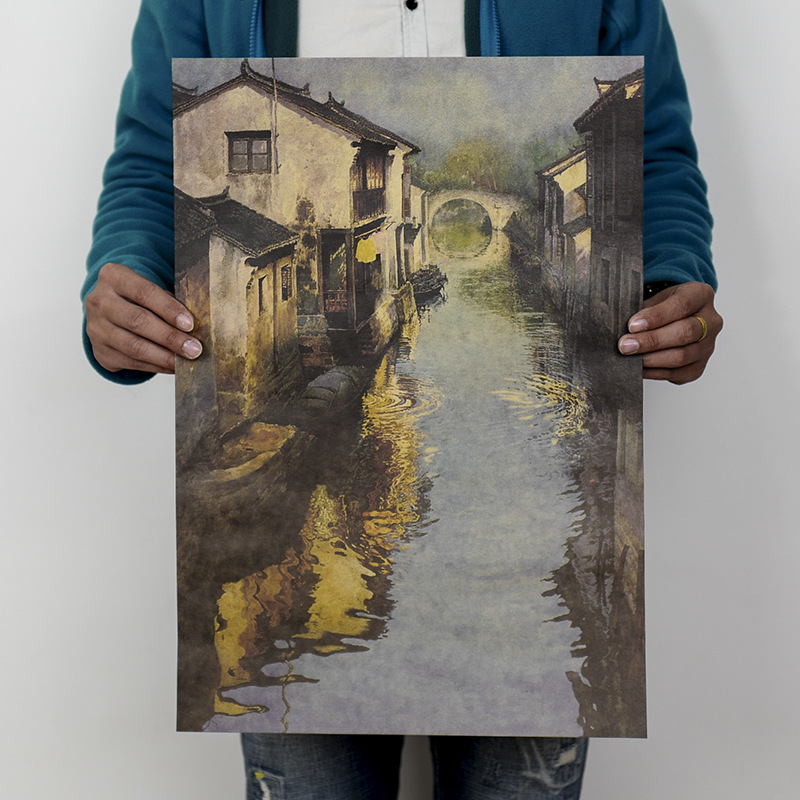 h1122江南风景画油画海报复古牛皮纸海报画墙面装饰厂家直