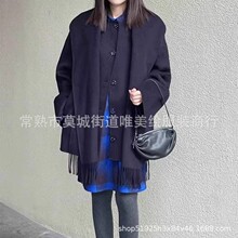 100%羊毛休闲宽松流苏围巾领羊毛手工双面呢毛呢大衣女1187057001