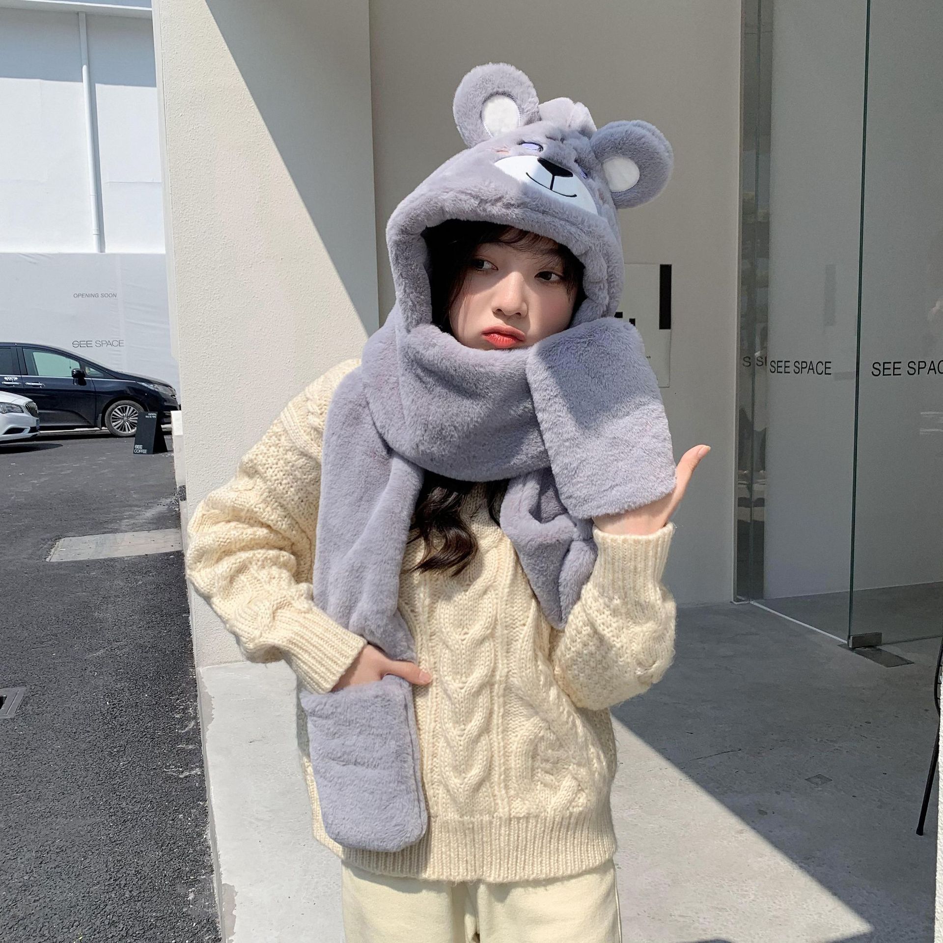 2022 New Korean Style Cute Little Tiger Hat Gloves Scarf Three-Piece Set Women's Autumn and Winter Warm Plush Scarf