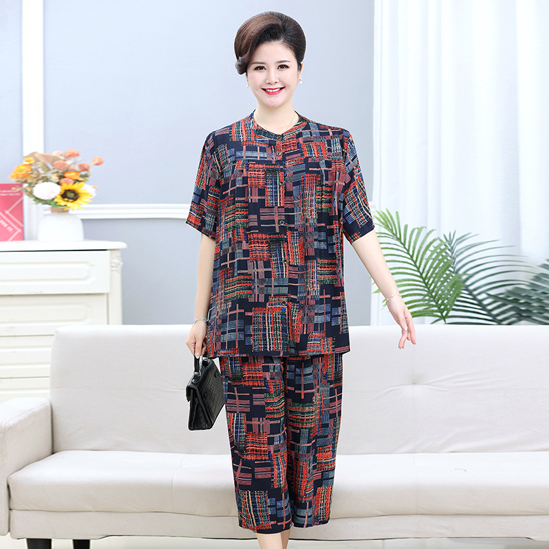 200斤胖妈妈夏季短袖宽松套装加肥加大码中老年女印花奶奶两件套