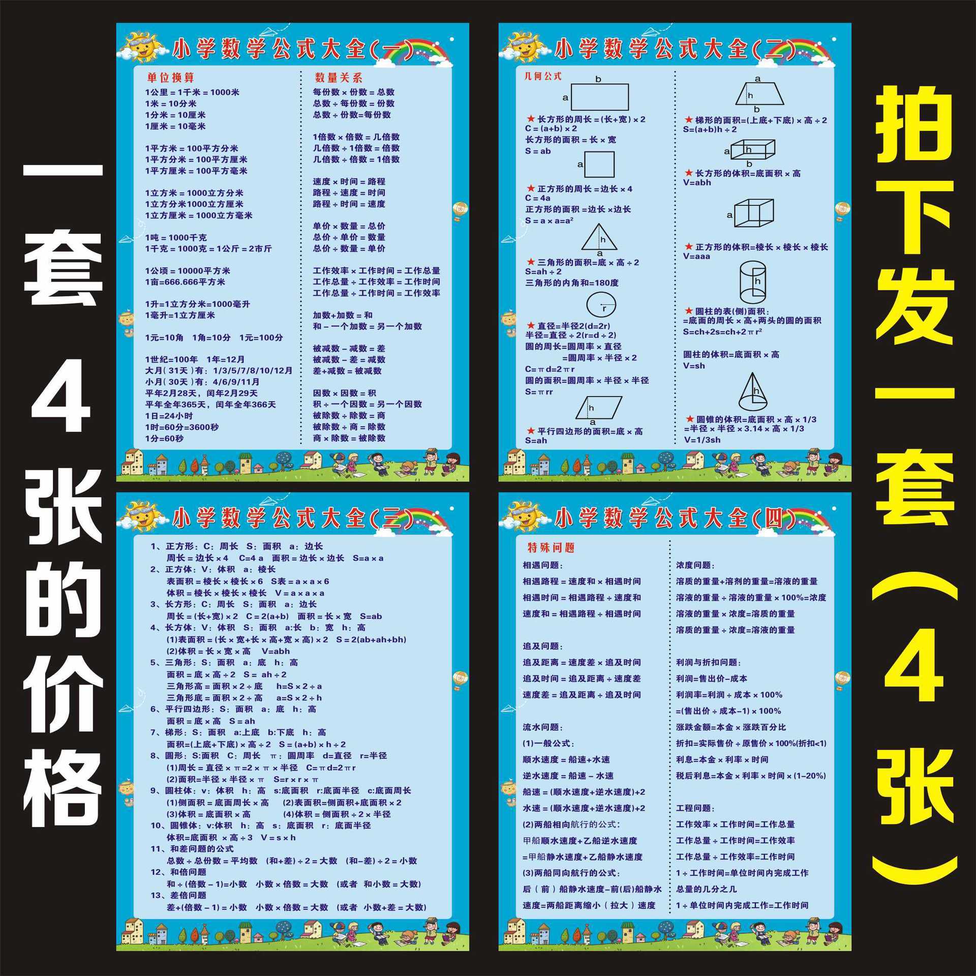 1-6年级公式大全墙贴小学 数学单位换算常用公式表知识挂图贴画