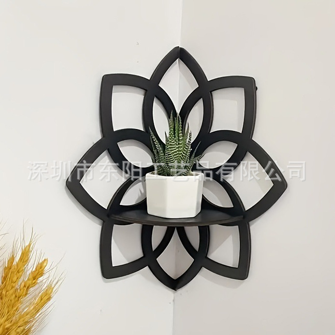 跨境曼陀罗花墙角置物架木质支架镂空木质黑色水晶石展示架扇形架