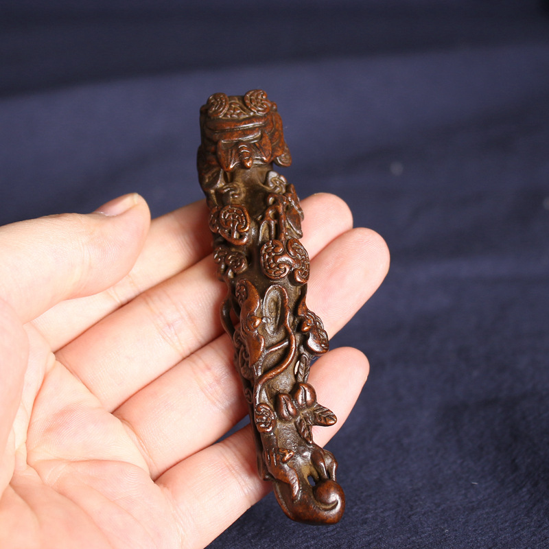 实心铜灵芝如意手把件镇纸压纸仿古铜器黄铜工艺品把玩收藏古玩