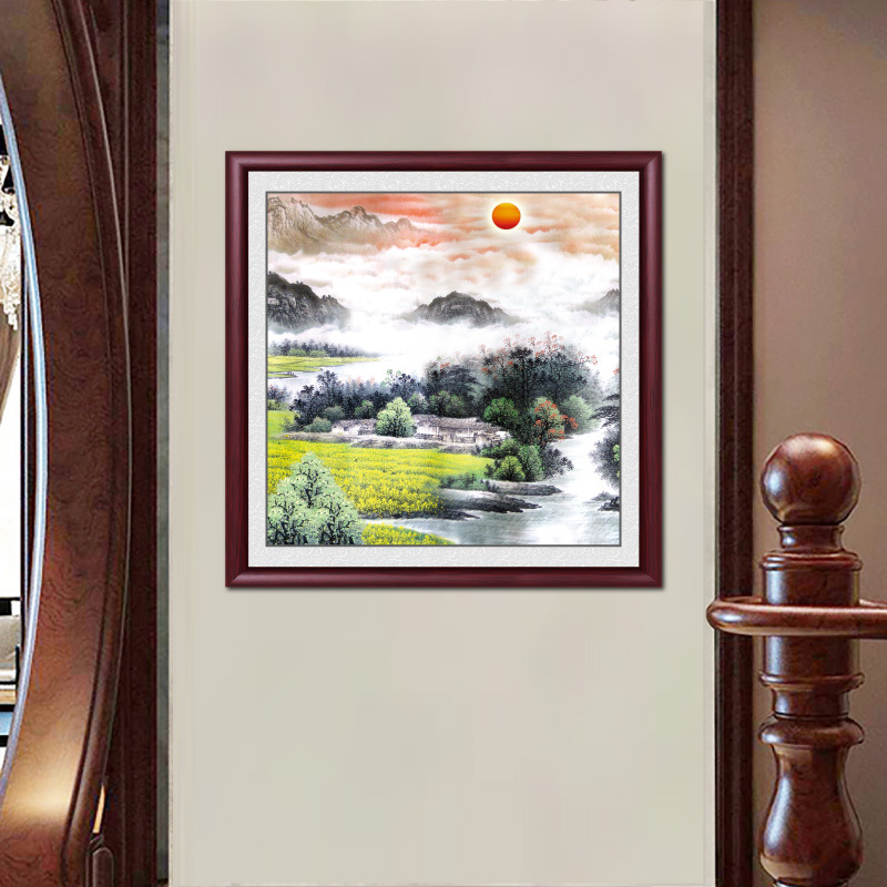 鸿运当头国画山水画办公室挂画客厅背景墙壁画中式入户玄关装饰画
