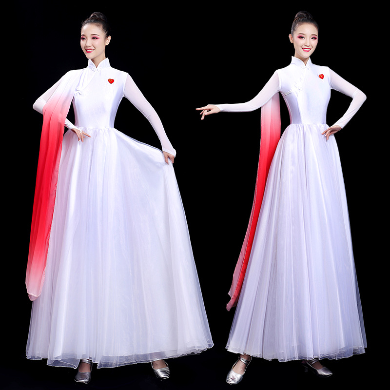 大合唱演出服女长裙白色优雅舞蹈服装大摆裙古筝祝福祖国颂演出服