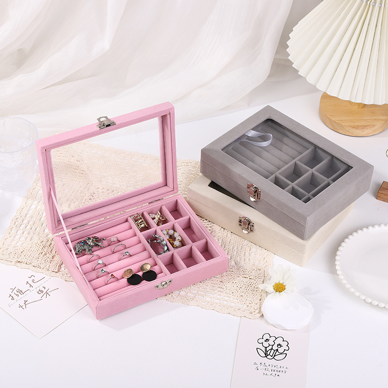 Fashion Simple Large Capacity Portable Multiple Grid Suede Exquisite Jewelry Box Earrings Necklace Ring Storage Box