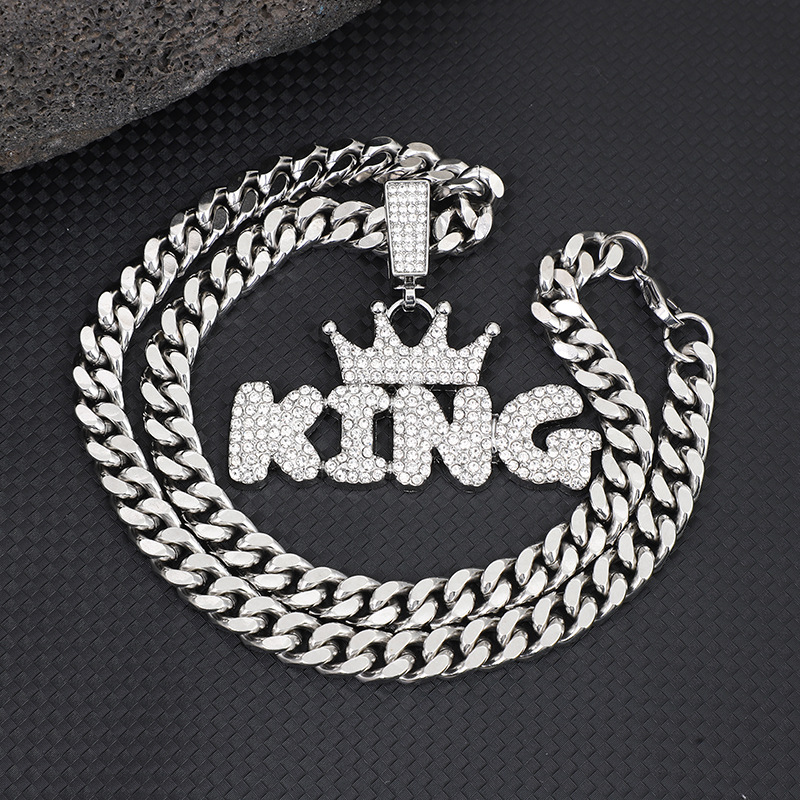 跨境ins潮男嘻哈满水钻合金吊坠 钛钢古巴项链皇冠king字母潮配饰