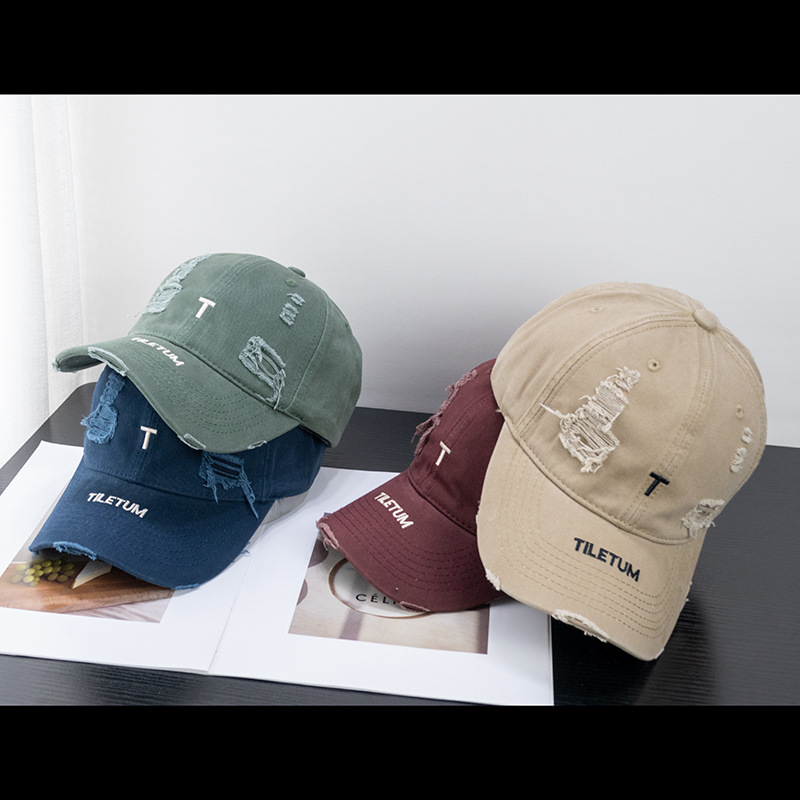 Fashion T Ripped Letter-Printing Worn Looking Washed-out Soft Top Baseball Cap Trendy All-Match Spring and Summer Sun Hat Wide Brim Peaked Cap