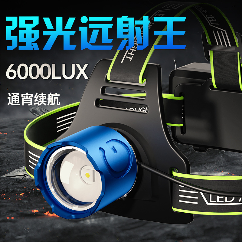 跨境新款爆亮多功能铝合金头灯高续航伸缩变焦户外强光夜钓头灯