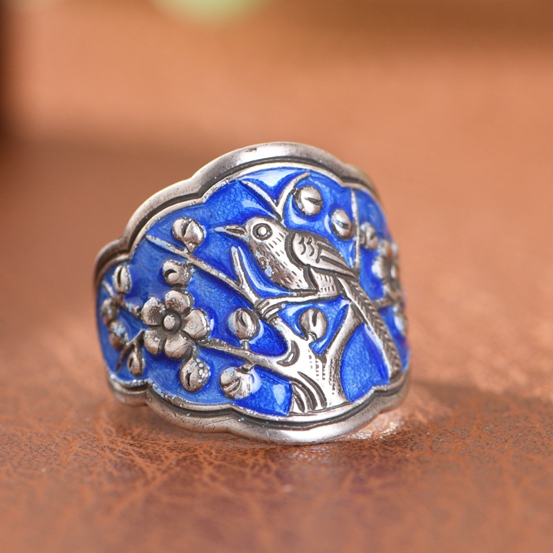 金鹿王 足银珐琅戒指 民族风景泰蓝喜上眉梢手工老银女款开口指环