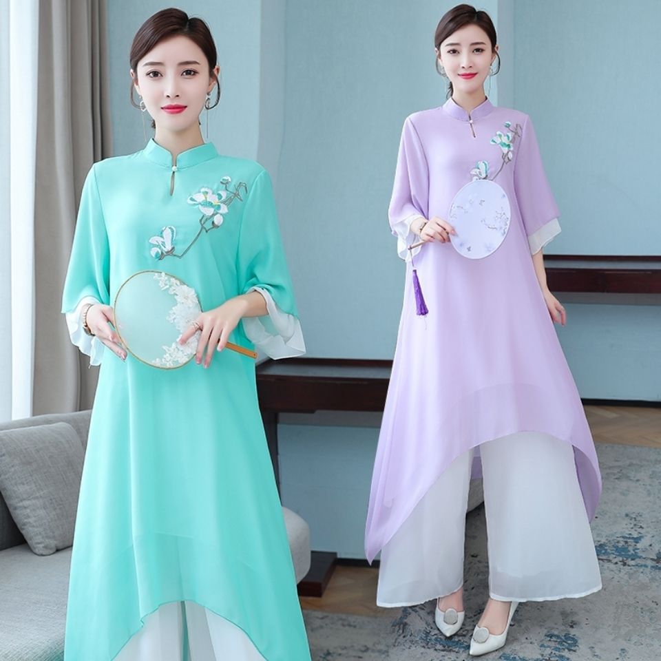 茶艺服禅意女装中国风唐装夏套装两件套汉服改良旗袍上衣复古茶服