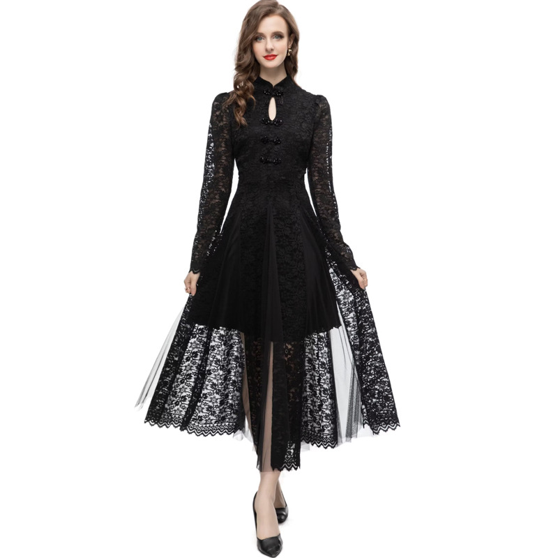 复古风立领钉珠网纱拼接黑色礼服长款连衣裙欧美秋冬女装新款2023