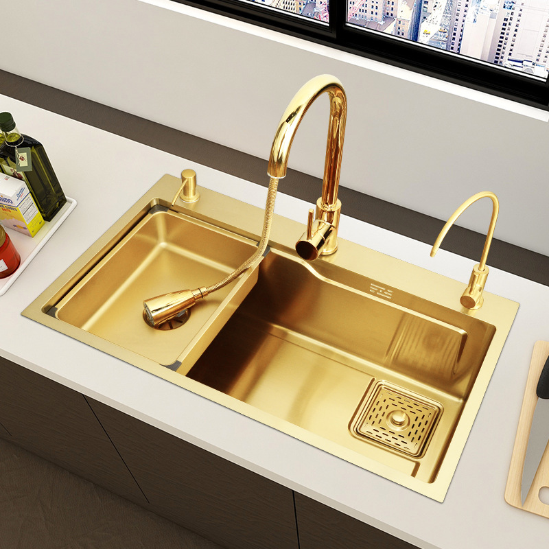 Gold Nano Sink 304 Stainless Steel Handmade Kitchen Vegetable Basin Single Sink Household Sink Side Hole Drop-in Sink