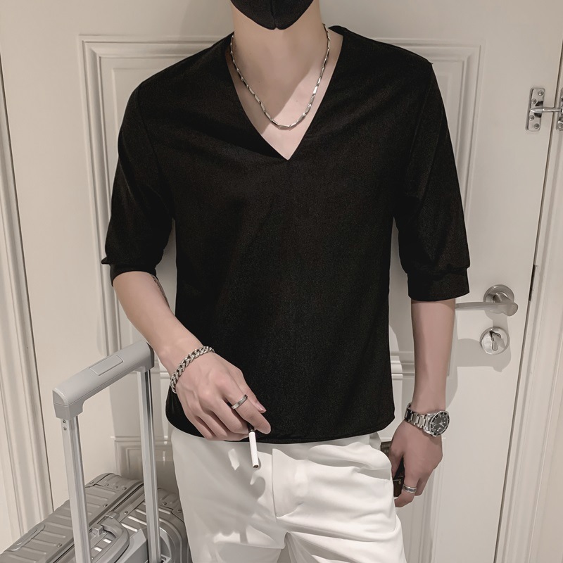 纯色七分袖上衣男夏季潮宽松亲肤舒适v领t恤痞帅成熟稳重男装短袖