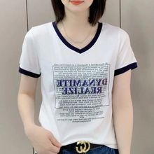 女士T恤短袖新款印花夏季休闲拼色韩版时尚百搭显瘦小众洋气上衣