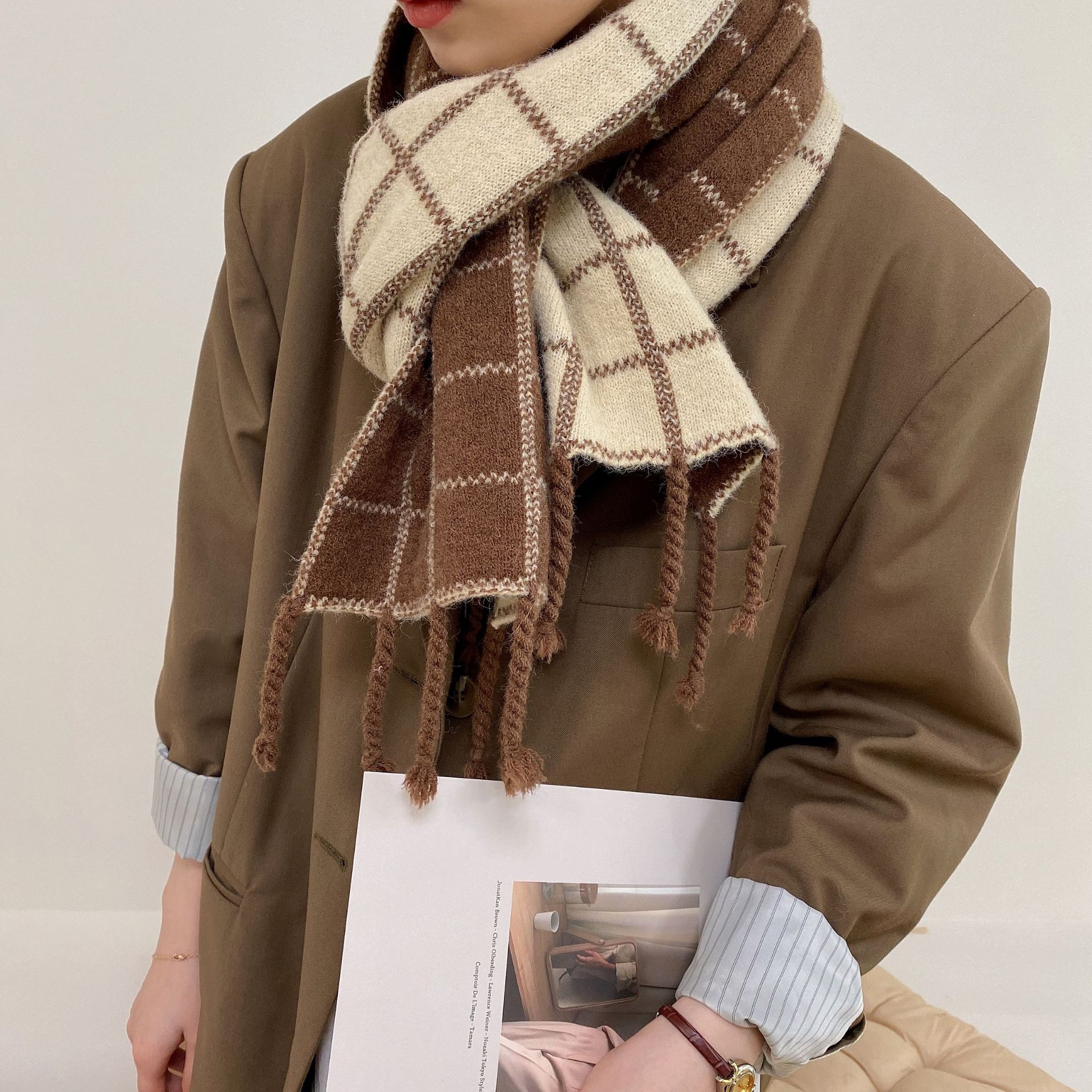 New Classic All-Matching Tassel Retro Nostalgic Style Knitted Plaid Scarf Women's Autumn and Winter Warm Decorative Scarf